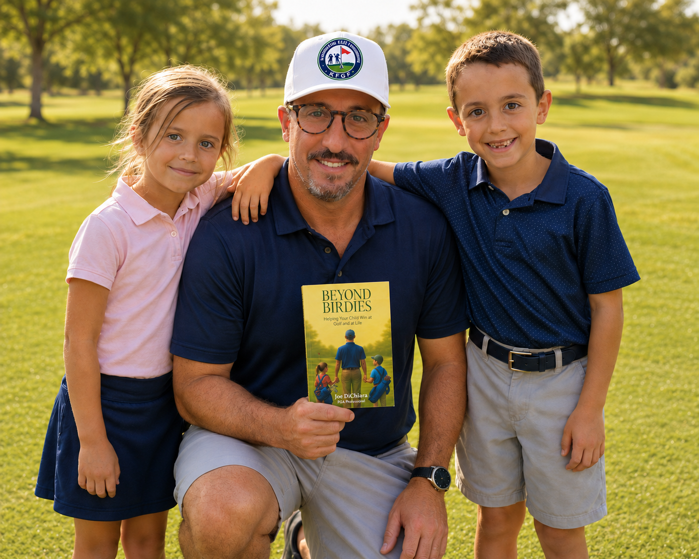 Joe DiChiara, PGA, with two junior golfers, holding his book Beyond Birdies